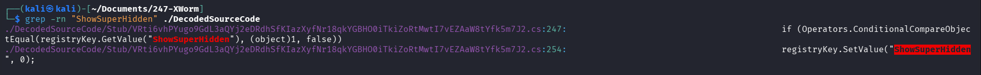 Grep output showing two references to ShowSuperHidden in the decompiled source: a GetValue check and a SetValue call setting it to 0.